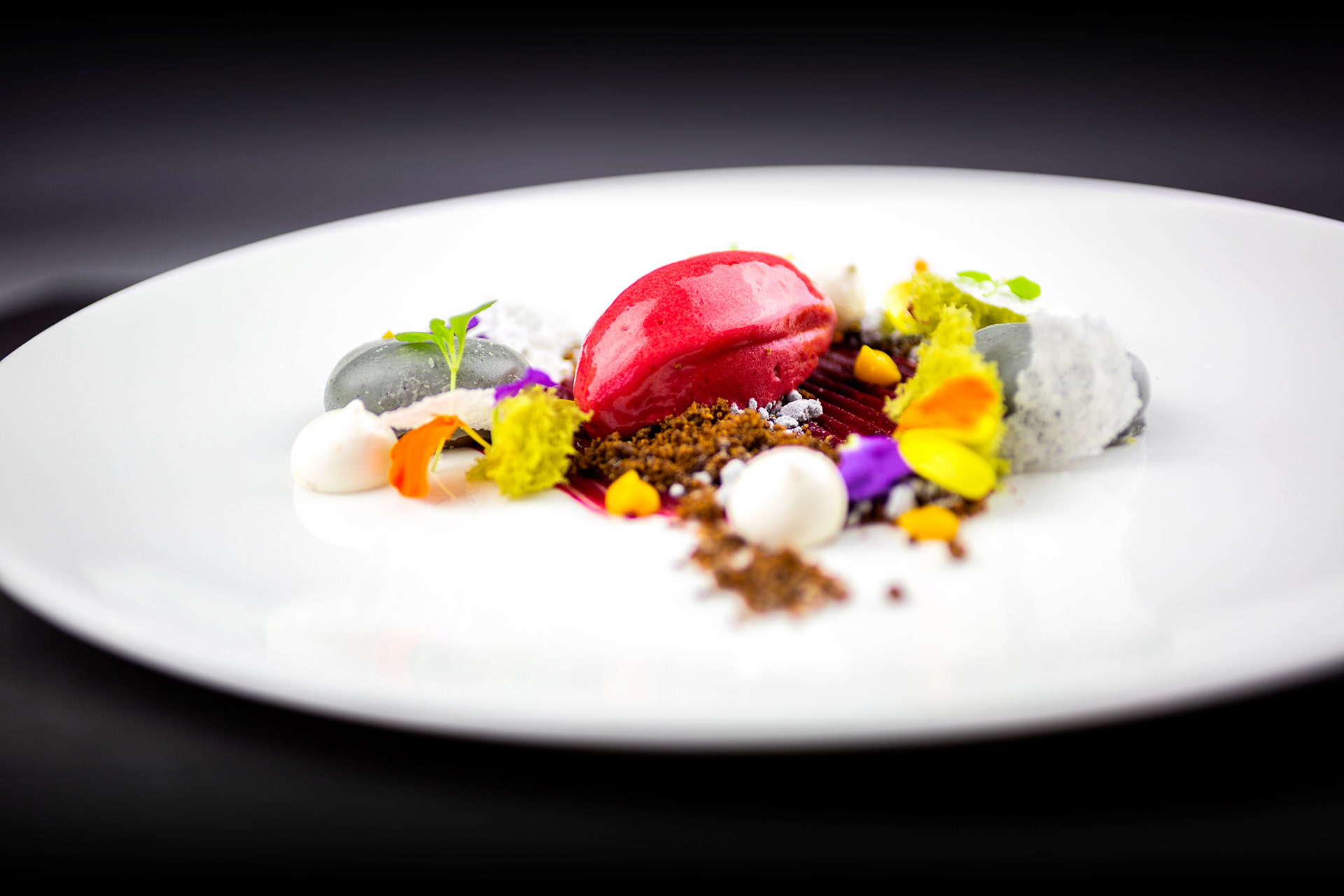 Vom Event-Catering-Service Markus Grein kunstvoll angerichtetes Dessert mit Sorbet, Blüten und Crumble auf einem Teller.